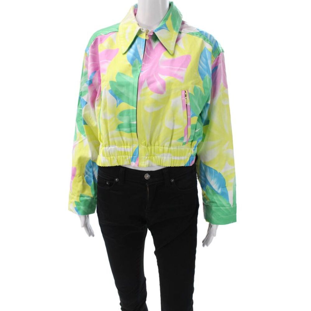 Crisca Women Windbreaker Floral Green Cotton Zip Long Sleeve 80s Size 40